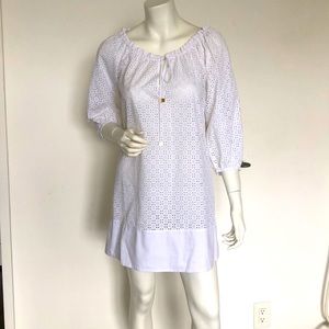 Tory Burch white eyelet 100% cotton beach short dress, 3/4 sleeves, size S.